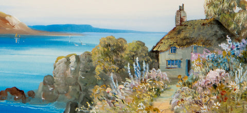Coastal Scene with Cottages and Flowers